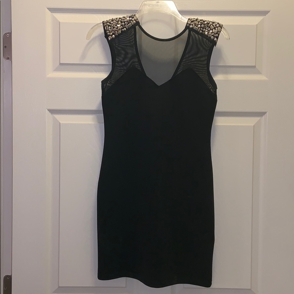 Black studded shoulder mini dress